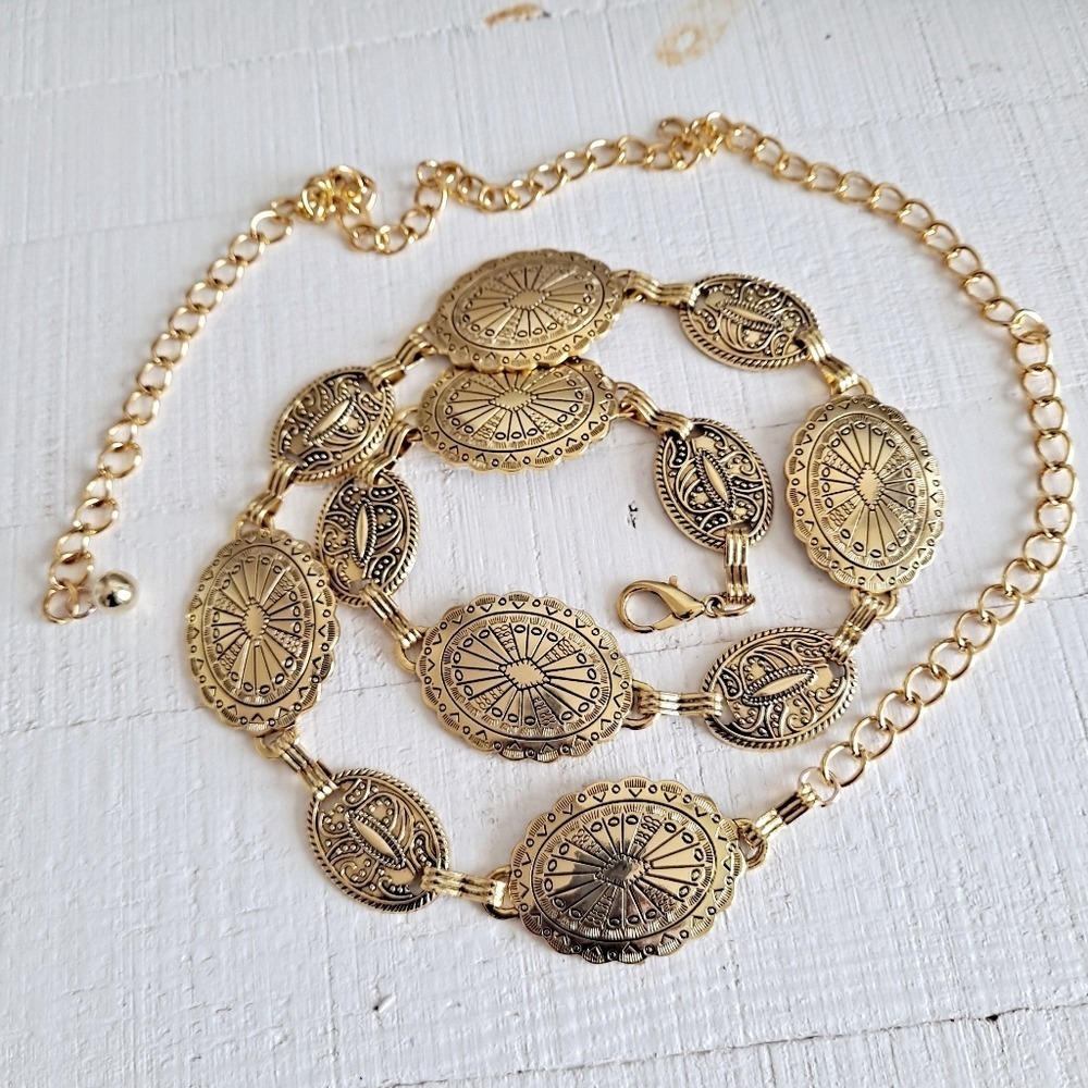 Gold Chain Western Waist Concho Belt Chunky Metal Medallion Boho statement - Picture 6 of 17